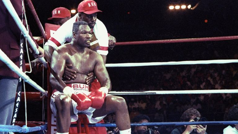 19 Jun 1992:  Larry Holmes sits in his corner between rounds of his fight against Evander Holyfield in Las Vegas, Nevada.  Holyfield won the fight with an 