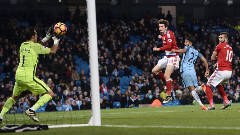 Manchester City goalkeeper Claudio Bravo (L) fails to save a header from Middlesbrough midfielder Marten de Roon, Premier League