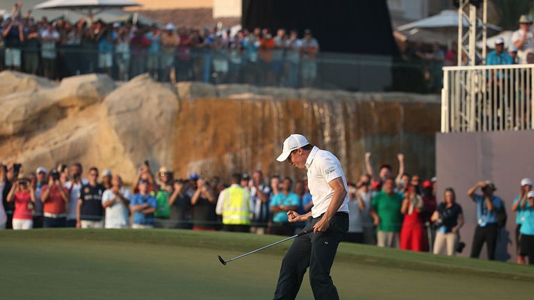 Matt Fitzpatrick of England celebrates holing the winning putt on the 18th green during day four of the DP World C'ship, Dubai