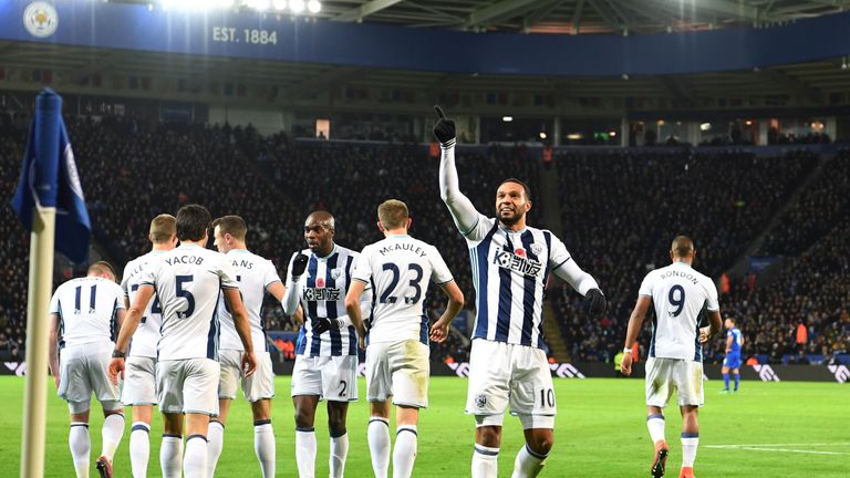 Matty Phillips of West Bromwich Albion celebrates after scoring his side's second goal during the Premier League match at Leicester