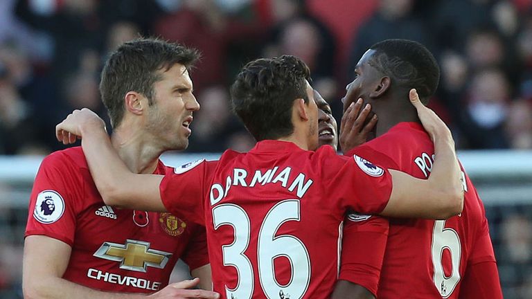 Paul Pogba celebrates scoring first goal during the Premier League match between Swansea City and Manchester United at the Liberty Stadium on Nov 6, 2016