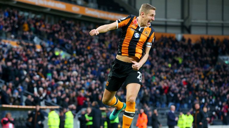 Michael Dawson of Hull City celebrates scoring his side's second goal during the Premier League match between Hull City and Southampton