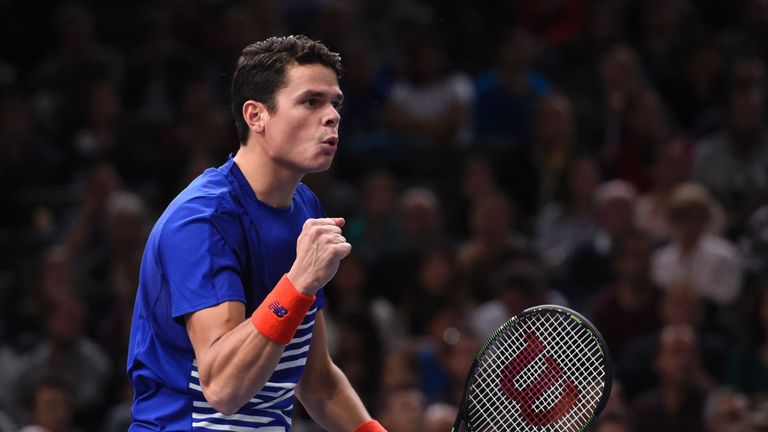 Canada's Milos Raonic reacts after scoring a point during his second round tennis match against Spain's Pablo Carreno Busta at the ATP World Tour Masters 1