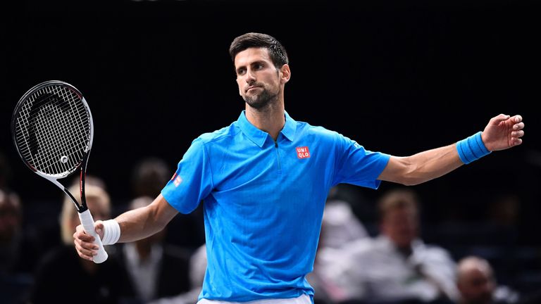Serbia's Novak Djokovic reacts during his third round tennis match against Bulgaria's Grigor Dimitrov at the ATP World Tour Masters 1000 indoor tournament 