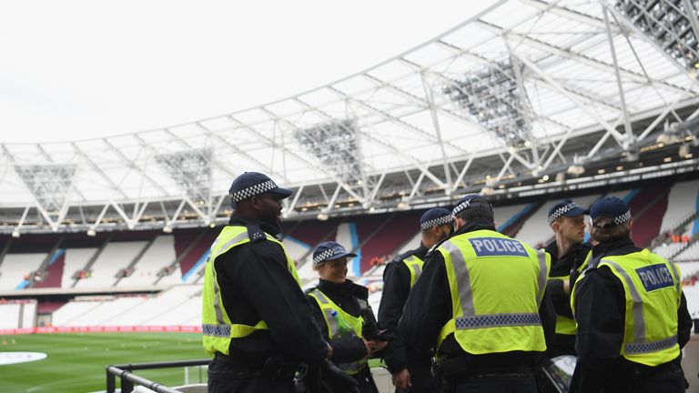 Policing measures are seen inside the stadium prior to the Premier League match between West Ham United and Stoke City at London Stadium
