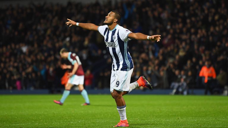 Salomon Rondon looks to the sky as he celebrates scoring West Brom's fourth goal against Burnley