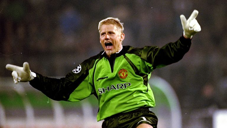 Manchester United keeper Peter Schmeichel celebrates a goal in the UEFA Champions League semi-final second leg match against Juventus