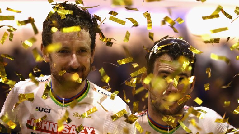 Sir Bradley Wiggins (L) and Mark Cavendish celebrate victory at the Ghent Six Day