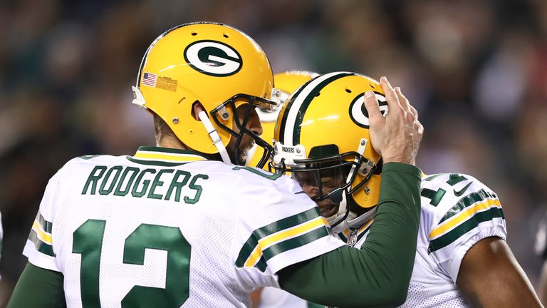 PHILADELPHIA, PA - NOVEMBER 28: Aaron Rodgers #12 and Davante Adams #17 of the Green Bay Packers celebrate after a touchdown in the first quarter against t