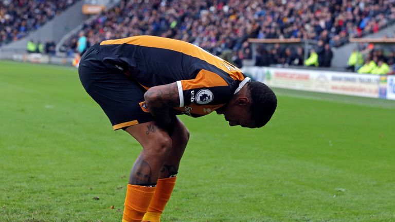 Abel Hernandez of Hull City reacts after picking up an injury