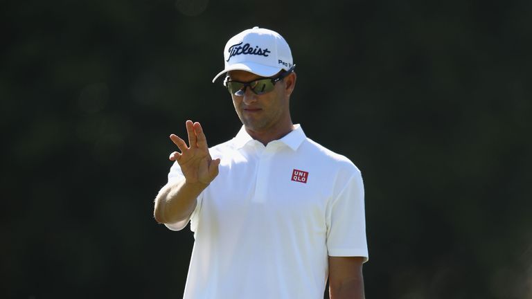 Adam Scott lines up his putt on the 15th during day two of the Australian Open at Royal Sydney Golf Club