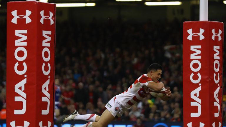 CARDIFF, WALES - NOVEMBER 19:  Akihito Yamada of Japan scores his sides opening try during the International match between Wales and Japan at the Principal