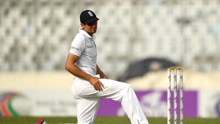 DHAKA, BANGLADESH - OCTOBER 29:  England captain Alastair Cook react after misfielding during the second day of the 2nd Test match between Bangladesh and E
