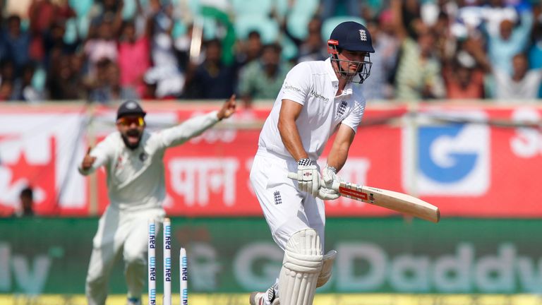 England's captain Alastair Cook is bowled out by India's Mohammed Shami on the second day of their second 