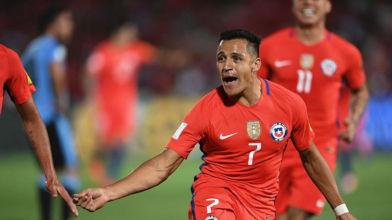 Chile's forward Alexis Sanchez celebrates after scoring against Uruguay