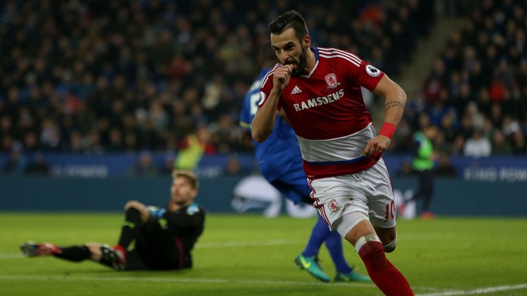 LEICESTER, ENGLAND - NOVEMBER 26:  Alvaro Negredo of Middlesbrough celebrates scoring his team's second goal during the Premier League match between Leices