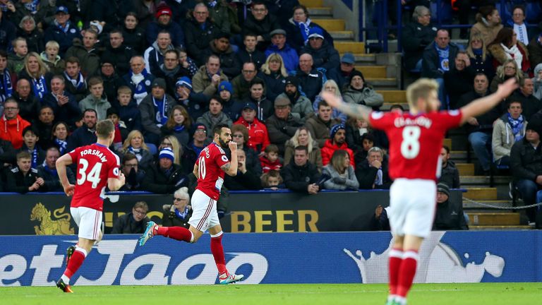 LEICESTER, ENGLAND - NOVEMBER 26: Alvaro Negredo (C) of Middlesbrough celebrates scoring the opening goal during the Premier League match between Leicester