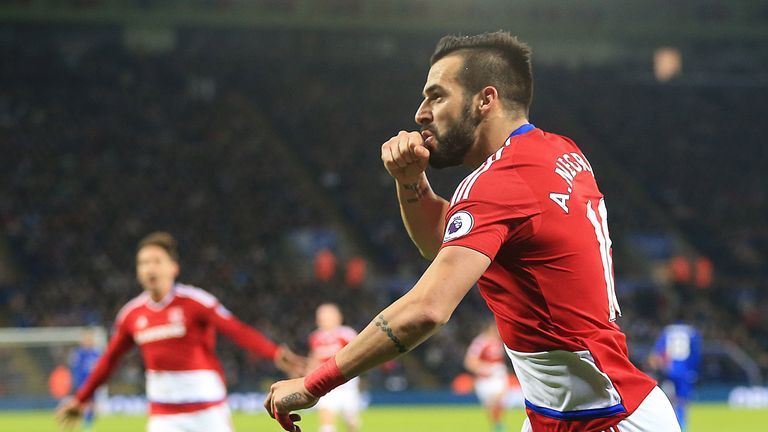 Middlesbrough's Alvaro Negredo celebrates scoring his side's second goal of the game during the Premier League match at the King Power Stadium, Leicester.
