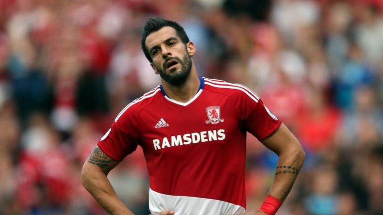 Middlesbrough's Spanish striker Alvaro Negredo reacts after missing a chance during the English Premier League football match between Middlesbrough and Sto