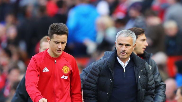 MANCHESTER, ENGLAND - OCTOBER 02:  Ander Herrera of Manchester United (L) speaks to Jose Mourinho, Manager of Manchester United (R) after the final whistle