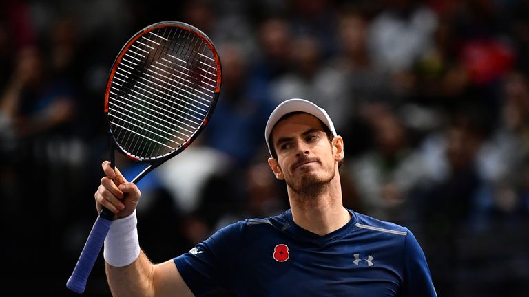 PARIS, FRANCE - NOVEMBER 04:  Andy Murray of Great Britain reacts during the Mens Singles quarter final match against Tomas Berdych of the Czech Republic o