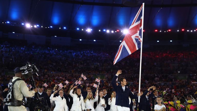 Andy Murray of Great Britain carries the flag during the Opening Ceremony of the Rio 2016 Olympic Games