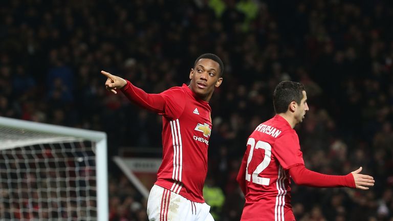 Anthony Martial celebrates after scoring for Man United in the EFL Cup at Old Trafford