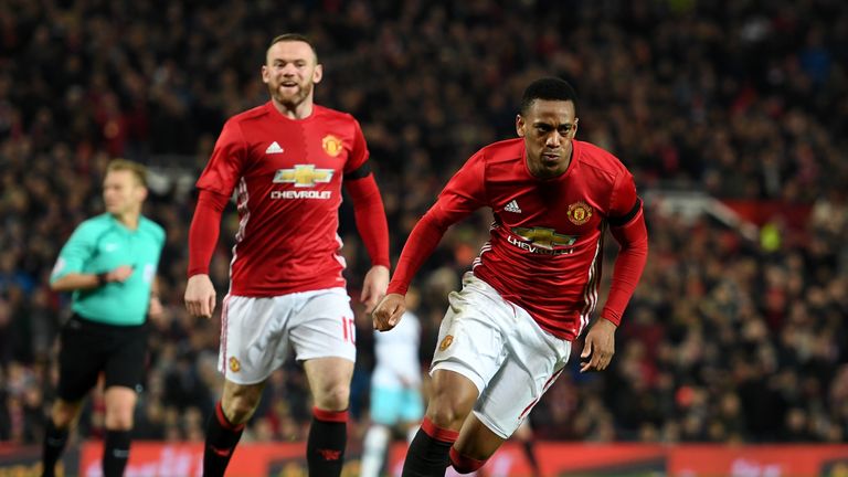 Anthony Martial celebrates his first goal against West Ham