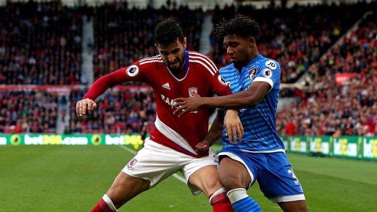 MIDDLESBROUGH, ENGLAND - OCTOBER 29: Antonio Barragan of Middlesbrough (L) and Jordan Ibe of AFC Bournemouth (R) battle for possession during the Premier L