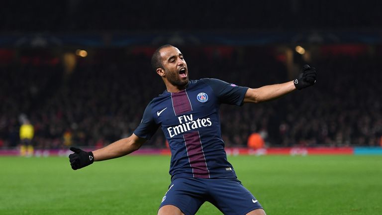 LONDON, ENGLAND - NOVEMBER 23:  Lucas of PSG celebrates scoring his sides second goal during the UEFA Champions League Group A match between Arsenal FC and