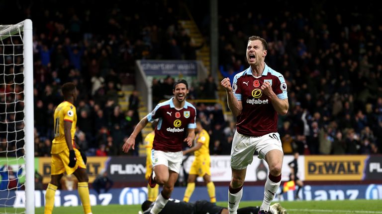 Ashley Barnes celebrates his late winner against Crystal Palace