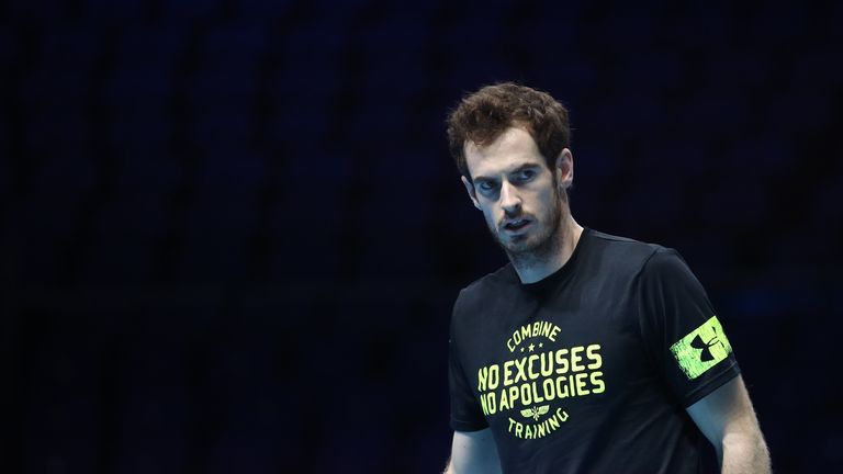 Andy Murray of Great Britain in a practice session during previews for the Barclays ATP World Tour Finals at O2 Arena