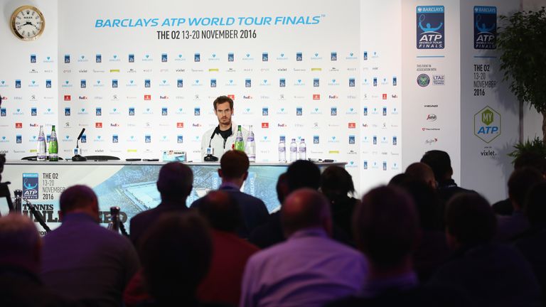 Andy Murray of Great Britain speaks with the media during a press conference prior to the Barclays ATP World Tour Finals