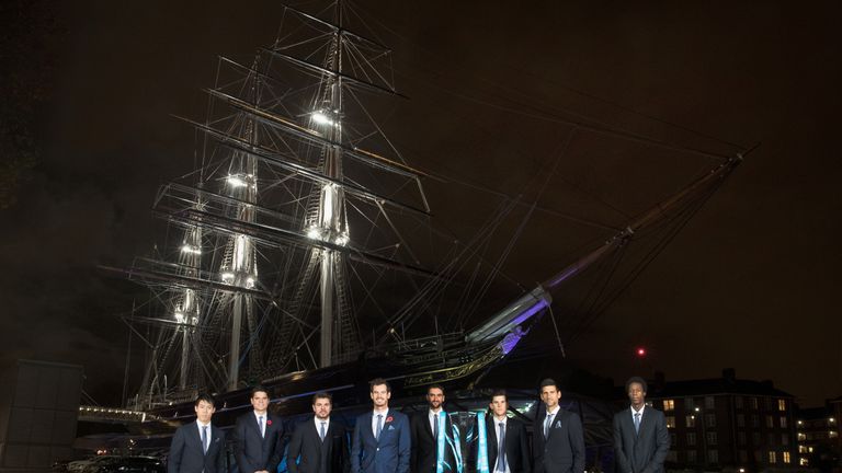 Andy Murray, Novak Djokovic , Stan Wawrinka, Milos Raonic, Kei Nishikori Gael Monfils, Marin Cilic, Dominic Thiem pose outside the Cutty Sark