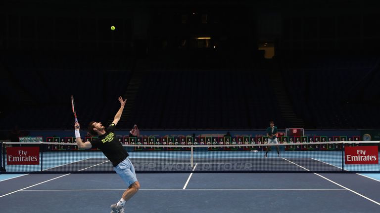Andy Murray of Great Britain in a practice session during previews for the Barclays ATP World Tour Finals at O2 Arena