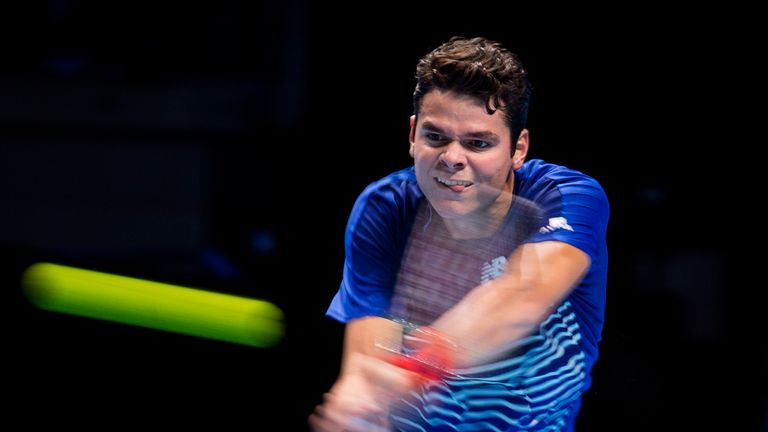 Milos Raonic in action during his men's singles match against Dominic Thiem