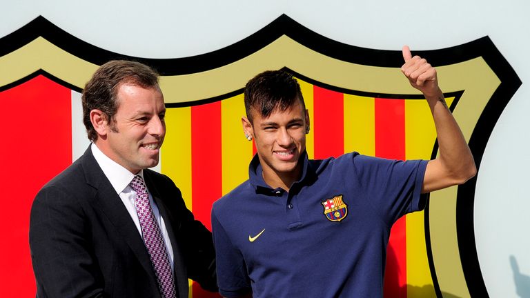 Former Barcelona president Sandro Rosell welcomes Neymar to Barcelona 