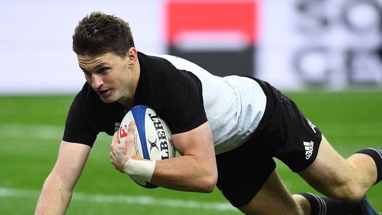 New Zealand's fly half Beauden Barrett scores a try during the rugby union Test match against France