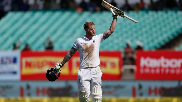 England's batsman Ben Stokes raises his bat after scoring hundred 