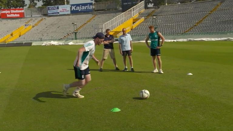 Ben Stokes takes the first penalty of a dramatic shootout