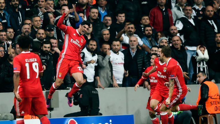 Benfica midfielder Goncalo Guedes celebrates after scoring