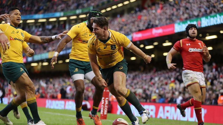 CARDIFF, WALES - NOVEMBER 05:  Bernard Foley of Australia celebrates after scoring a try during the International match between Wales and Australia at the 