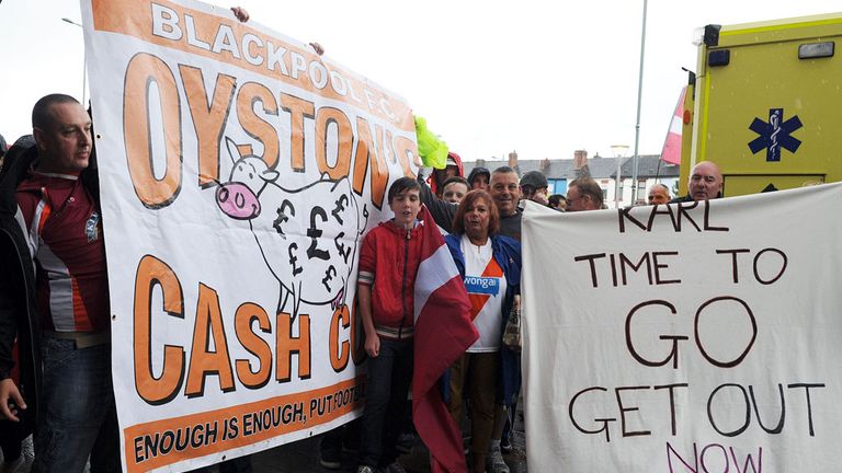 Blackpool fans protesting against the club's owners at Bloomfield Road