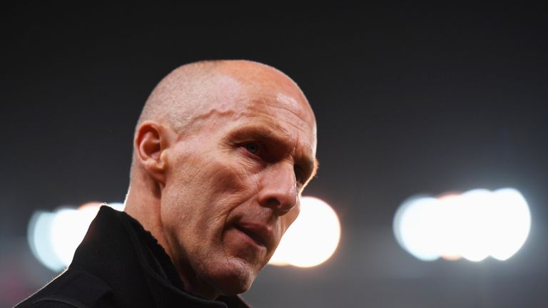 STOKE ON TRENT, ENGLAND - OCTOBER 31:  Bob Bradley manager of Swansea City looks on during the Premier League match between Stoke City and Swansea City at 