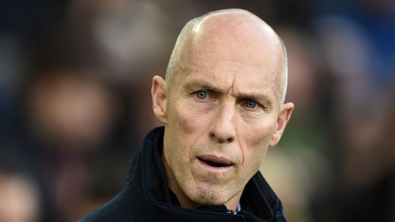Swansea City's US manager Bob Bradley reacts ahead of the English Premier League football match between Everton and Swansea City at Goodison Park in Liverp