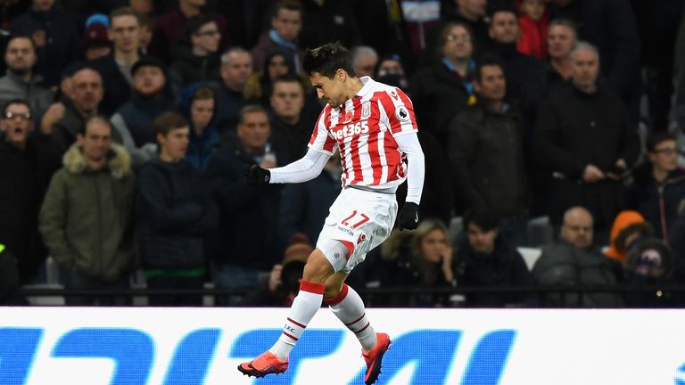 Bojan celebrates after volleying Stoke's late equaliser at West Ham