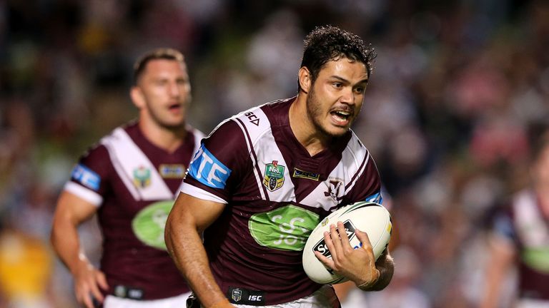 SYDNEY, AUSTRALIA - APRIL 30:  Brayden Wiliame of the Sea Eagles is tackled during the round nine NRL match between the Manly Sea Eagles and the North Quee