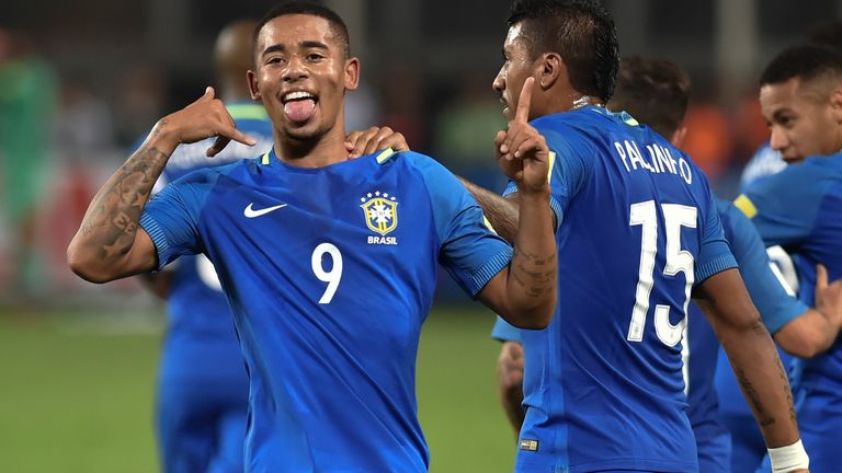 Brazil's Gabriel Jesus celebrates after scoring against Peru