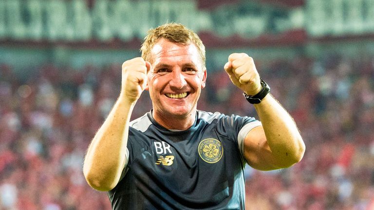 Celtic boss Brendan Rodgers celebrates after the match at Haopel Be'er Sheva