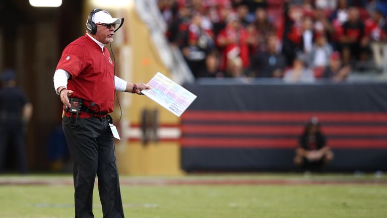 SANTA CLARA, CA - OCTOBER 06:  Head coach Bruce Arians of the Arizona Cardinals reacts to a call during their NFL game against the San Francisco 49ers at L